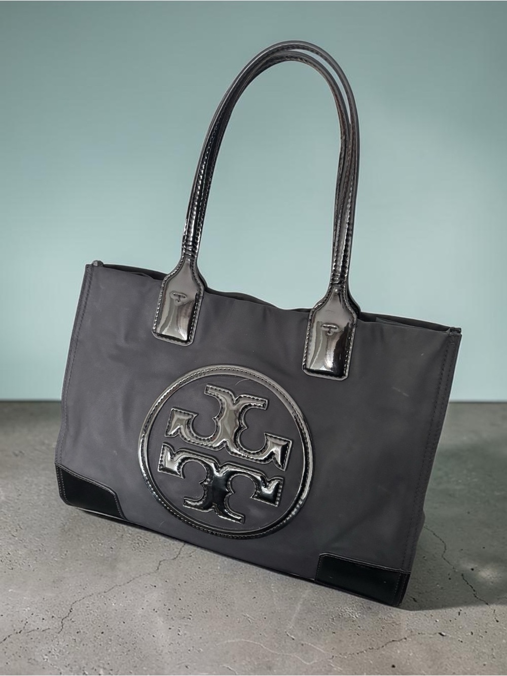 Tory Burch Small Ella Nylon Tote Black Patent Trim Authentic Expandable